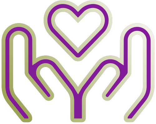 purple outline of two hands holding heart