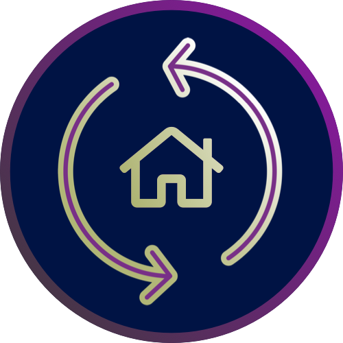 purple house and two arrows in opposite directions with dark blue background